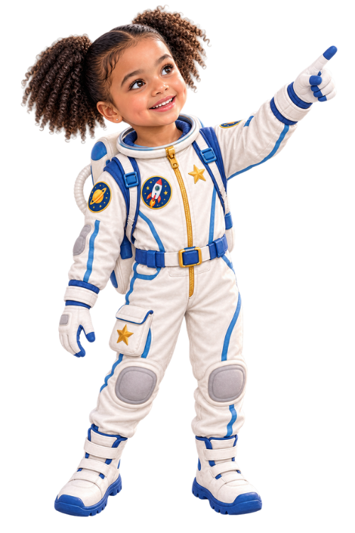 Alicia the Space Explorer pointing ahead to Mercury, the first stop on her mission